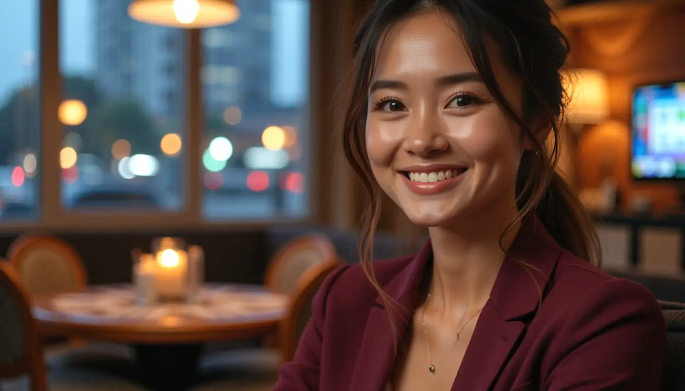 Friendly woman in Brisbane apartment with evening online slot session ambience