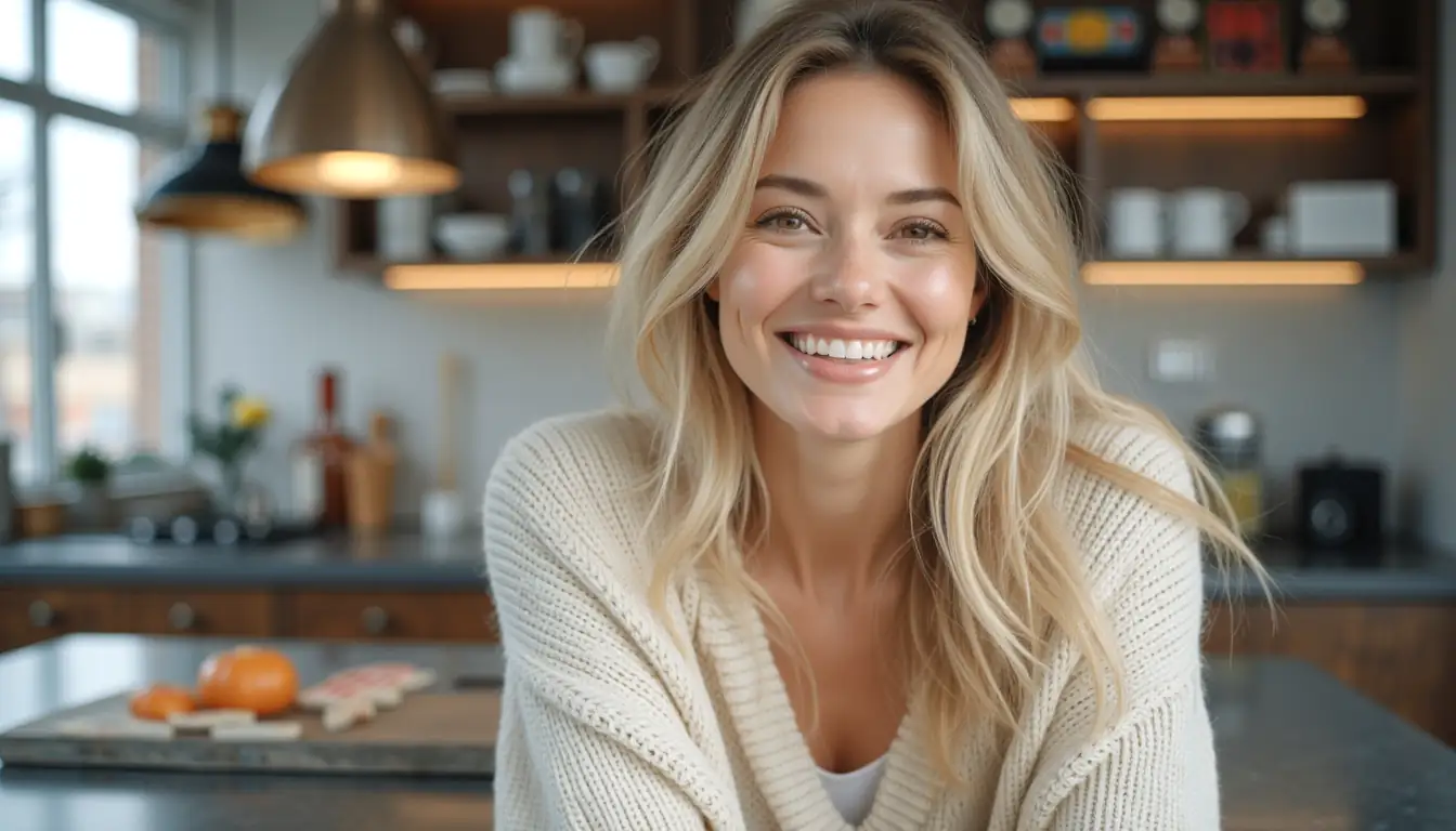 Inviting blonde woman with morning coffee and online casino bonus ambience in Melbourne loft