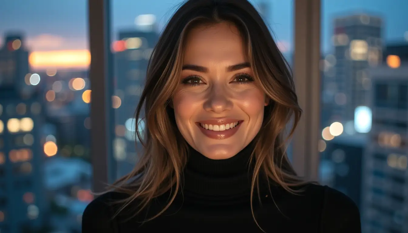 Smiling woman reviewing Neosurf casino lobby from a Sydney apartment at blue hour